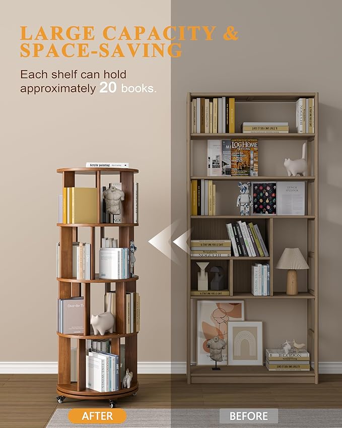 IUNVR Rotating Bookshelf, 4 Tier Solid Wood Bookshelf Tower with Lockable Wheels, 360° Spinning Revolving Bookcase for Small Spaces, Corners, Bedroom, Kids Room, Home Office, Walnut