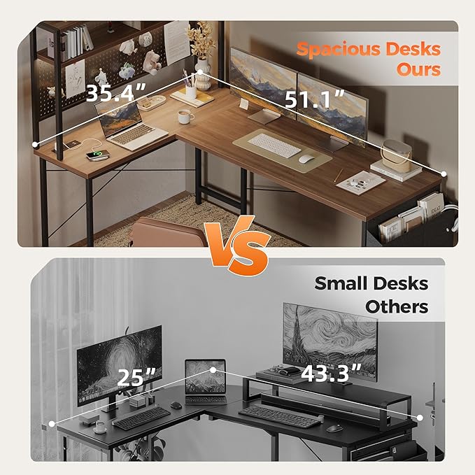 Mericonia 50 inch Large L Shaped Desk with Pegboard Hutch & Shelves, Corner Gaming Desk with Power Outlet, LED Light & Storage Bag, Reversible Computer Desk for Home, Bedroom, Office Workspace, Walnut