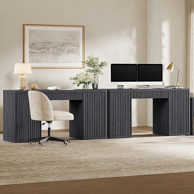SICOTAS 61" Large Office Computer Desk with Storage Modern Home Office Desks with Drawer & Doors Fluted Desks Executive Desk Wooden Writing Table Vanity Table for Living Room Bedroom, Black Alder