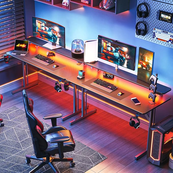 MOTPK 47 Inch Gaming Desk with LED Lights, Computer Desk Gaming Table with Monitor Shelf, Gamer Desk with Carbon Fiber Texture, Kids Boys Desk Gift for Men