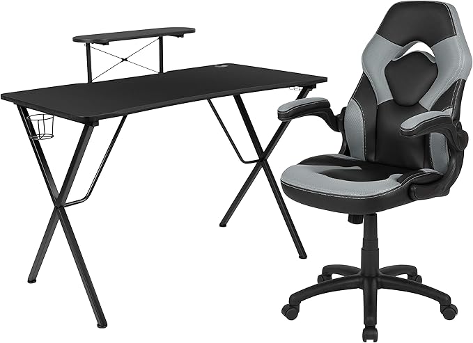 EMMA + OLIVER Black/Gray Gaming Desk Set with Headphone Hook, and Monitor Stand