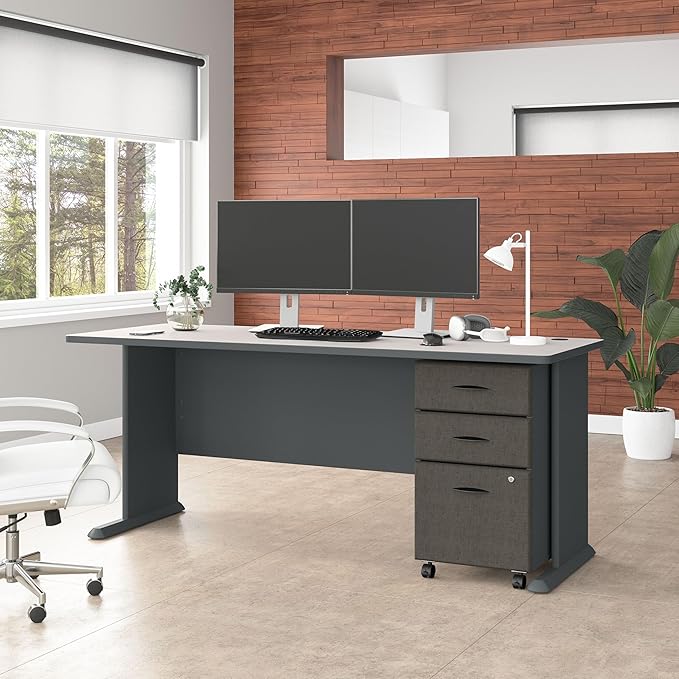 Bush Business Furniture Series A 72W Desk with Mobile File Cabinet in Slate and White Spectrum