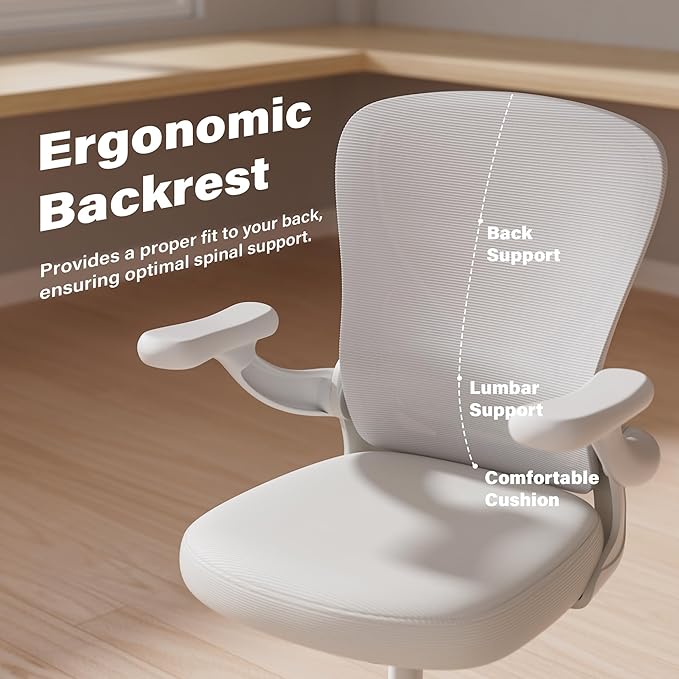 GYI Office Chair Ergonomic, Computer Desk Chair with Mesh Back, Adjustable Lumbar Support, 3D Flip-up Arms, Wheels, All White