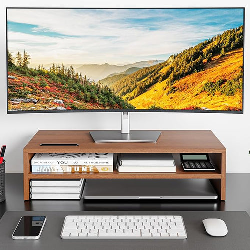 BONTEC Wood Monitor Stand Riser, 2-Tier Desktop Organizer with Storage, Ergonomic Computer Stand for Desk, Cable Management, Cellphone Holder, 21.3 Inch Shelf, Walnut