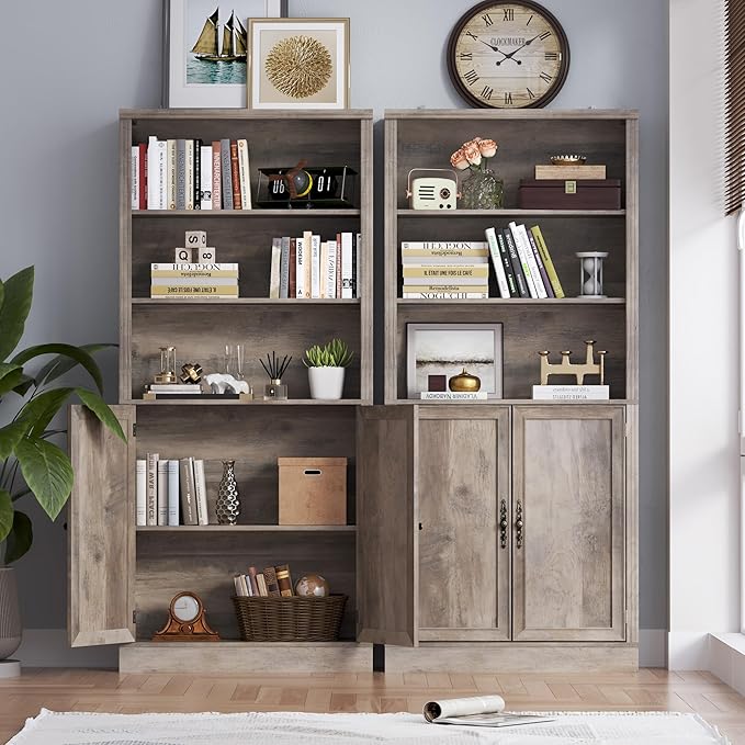 BORNOON 70.1" Tall Bookshelf with Cabinet, 5-Tier Floor Standing Bookcase with Doors & Adjustable Shelves, 31.5" Wide Storage Shelf, Metal Handles, Modern Organizer for Home Office, Living Room