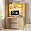 Lvifur LED Study Desk - with Hutch & Storage Cabinet,Home Office Desk with Outlet and 3 Color LED and Card-Based Lock,Writing Desk Computer Desks for Studyroom,Ideal for Office Set,Natural