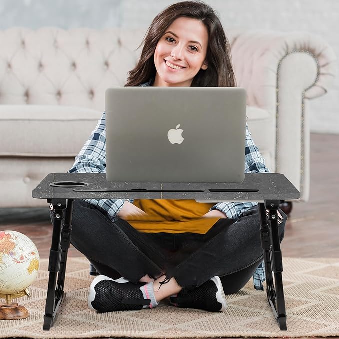 Laptop Desk for Bed Height Adjustable, Lap Bed Table with USB/Storage Drawer/Cup Holder/Tablet Stand/Book Shelf, Foldable Breakfast Tray Portable for Reading Writing, Sofa & Floor, Deep Stone Texture