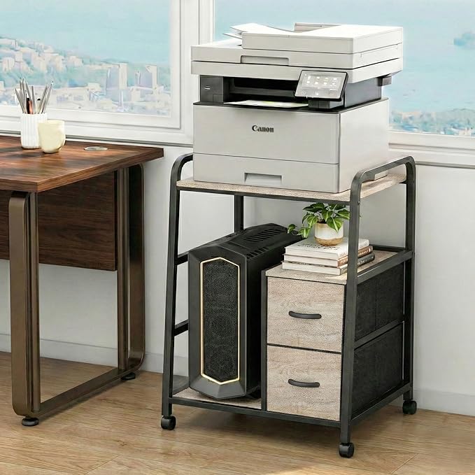 Printer Stand Featuring Fabric Drawers, Under Desk Host Computer Cabinet and Shredder Shelf, Heavy Duty Printer Stand with Storage Workstation Organization Printer Table for Home Office