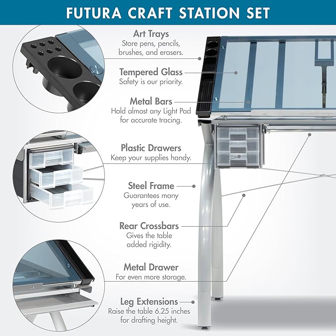 SD Studio Designs 10037 Futura Deluxe Drafting Table with Light Pad Support Bars & Drafting Height Leg Extensions, Silver/Blue Glass
