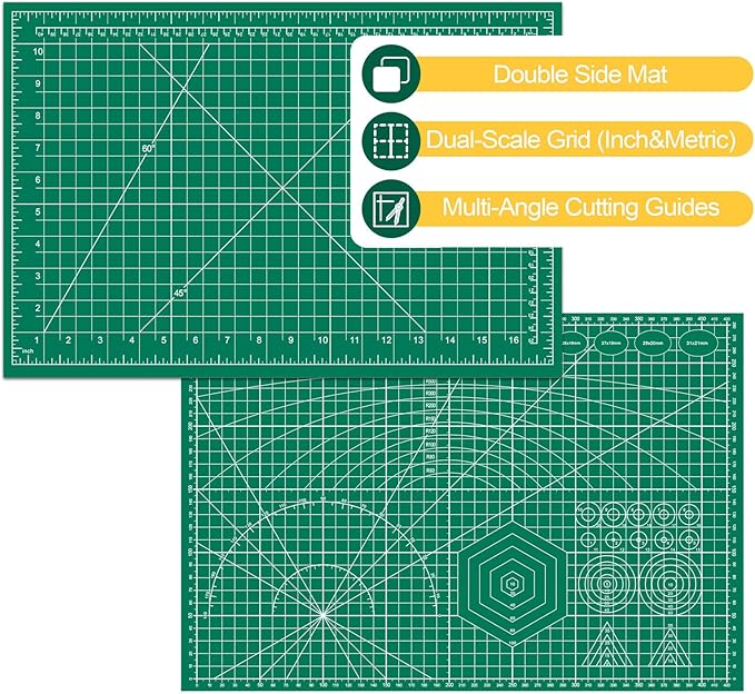 2 Packs Self Healing Cutting Mat 12" x 18" Rotary Cutting Sewing Mat A3, 5-Ply Cutting Board for Crafting, Sewing, Scrapbooking, Quilting and Precision Cutting