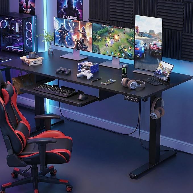 ErGear Large Electric Standing Desk with Keyboard Tray, 63x28 Inches Adjustable Height Sit Stand Up Desk, Home Office Desk Computer Workstation, Black