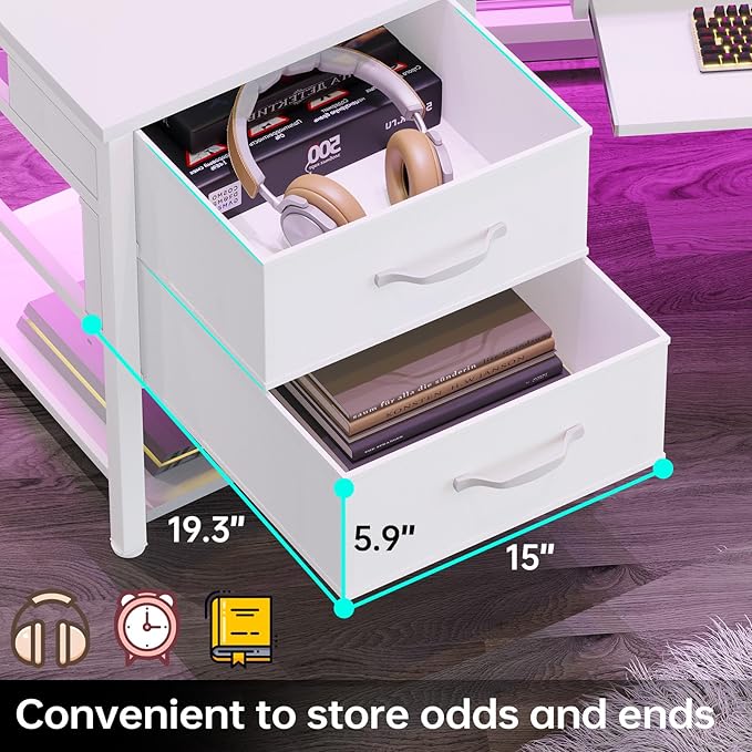 SEDETA 79" Gaming Desk, Computer Desk with 2 Fabric Drawers & LED Light, White Small Desk with Storage for Home Office, Carbon Fiber White
