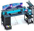 59 Inch Gaming Desk with LED Lights and Power Outlets, Computer Desk with Storage Shelves, Fabric Drawers, Monitor Stand & Side Hook, Reversible Gamer Table for Home Office, Carbon Fiber Black