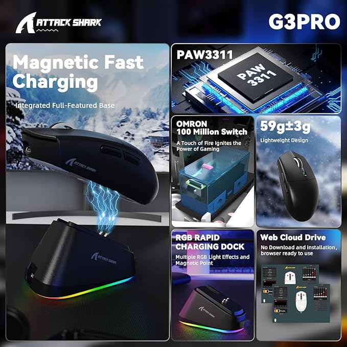 MAMBASNAKE ATTACK SHARK G3PRO Wireless Gaming Mouse,Tri-Mode,Bluetooth/2.4G/USB,59g Ultra Lightweight,25K DPI,100M Clicks Switches,RGB Magnetic Charging Dock,PAW3311 Sensor,BK52820 Chip-Black