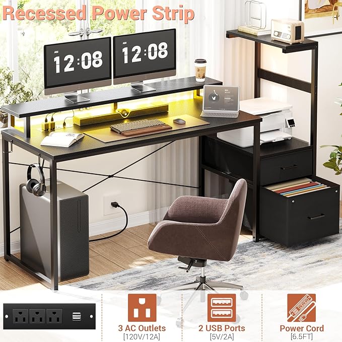 Aheaplus Gaming Desk with LED Strip & Power Outlet, 59Inch Reversible Computer Desk with Monitor Stand & Storage Shelves, Home Office Desks with Fabric File Drawer, PC Gamer Table, Carbon Fiber Black