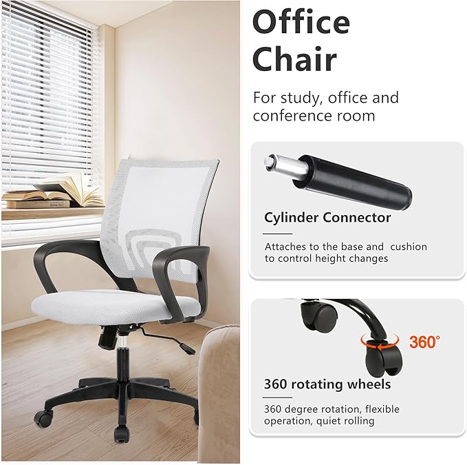 PayLessHere Home Office Chair - Adjustable Ergonomic Chair with Lumbar Support, Armrest, Executive Style, High Density Mesh, 360 Degree Swivel, for Men & Women (White)