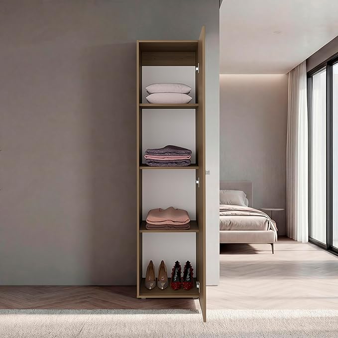 Saily Storage Cabinet with 4 Shelves and Mirror on Door, Modern Design, Natural Oak Mirror on Door: Includes a full-length mirror, making it convenient for quick outfit checks. Easy Access: Feature