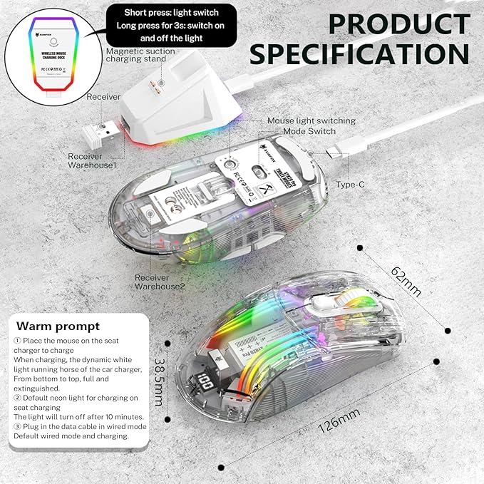 Wireless Gaming Mouse with Transparent RGB Mechanical, Tri-Mode 2.4GHz/Bluetooth/Wired Mouse, Charging Base, Digital Display,Silent Mice, 7 Buttons, Computer Mouse for Gaming and Esports (White)