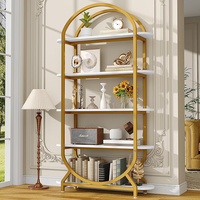 Jehiatek Arched Bookshelf Bookcase, 71 Inches Tall Industrial Book Shelf with Sturdy Metal Frame, E1 Quality Boards, Freestanding Display Shelving Unit, Gold