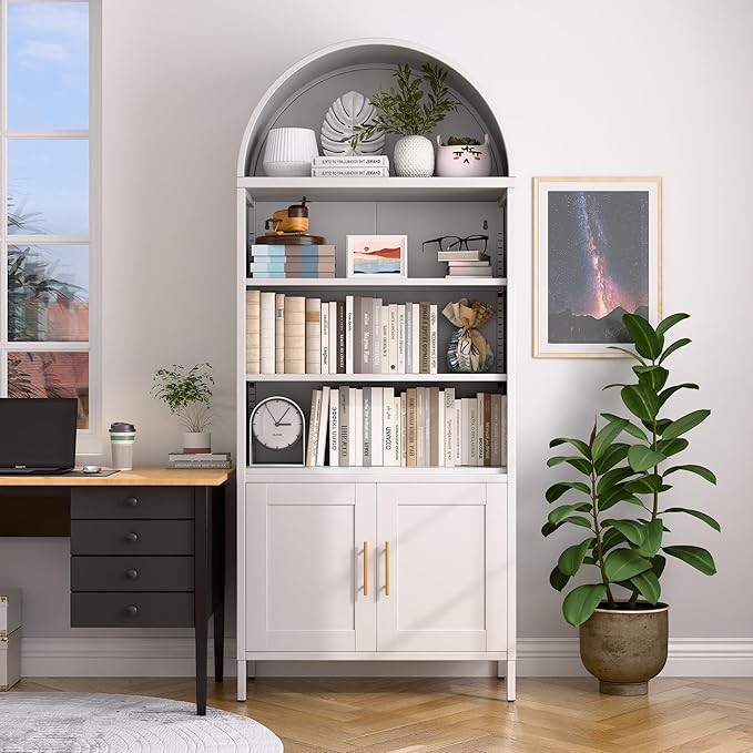 VEXPOR 73" Tall Metal Arched Bookcase with Doors, 5-Tier Arched Bookshelf with 2 Adjustable Shelves for Living Room, Home Office, Assembly Required, White, 15.35" D x 30.71" W x 72.83" H