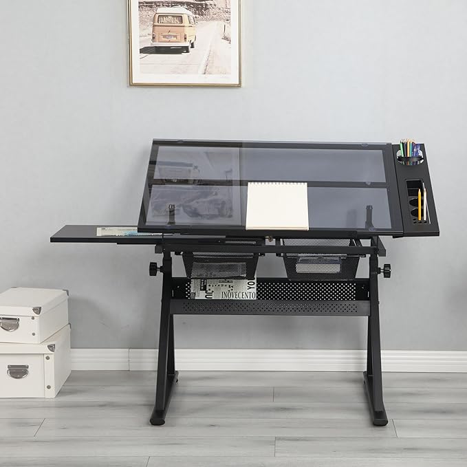 Drafting Table with Stool, Height Adjustable Drafting Desk Tempered Glass Artist Drawing Table Tilted Tabletop, Art Craft Artists Desk Work Station w/2 Storage Drawers for Home Office (Black)