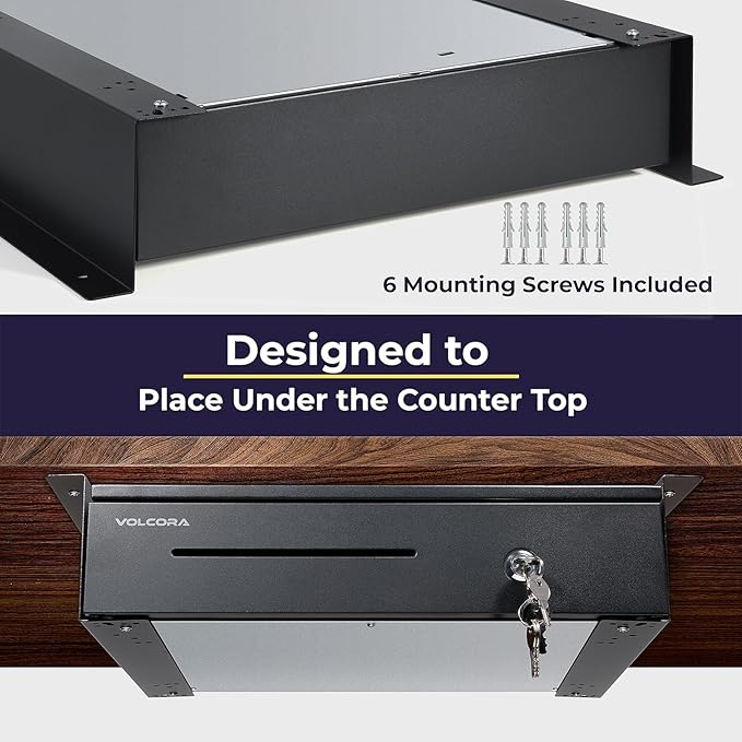 Volcora Manual Push Open Cash Register Drawer with Under Counter Mounting Metal Bracket - 16" Black Front Touch Panel Cash Drawer for POS, Partial Removable 5 Bill 8 Coin Tray, Key-Lock