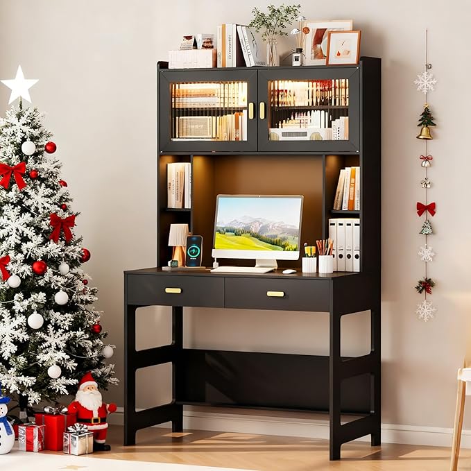 Vlsrka Home Office Desk with Hutch and Drawers, 40" Computer Desk with Storage Shelves and LED Lights, Modern Wooden Writing Study Table with Charging Station for Bedroom, Black
