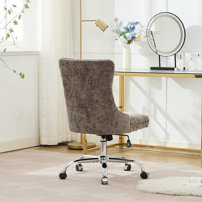 Goujxcy Desk Chair, Modern Chenille Upholstered Tufted Button Home Office Chair, 360° Swivel Armless Desk Chairs, 120°Rocking Ergonomic Computer Task Vanity Chairs, Gray