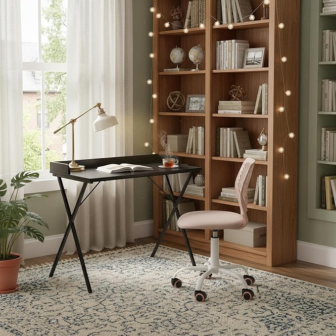 Homy Casa Modern Home Office Desk and Chair Set, Black X-Frame Computer Desk with Pink Ergonomic 360° Swivel Task Chair with Height Adjustment, 47.2 x 19.9 Inch Study Workstation