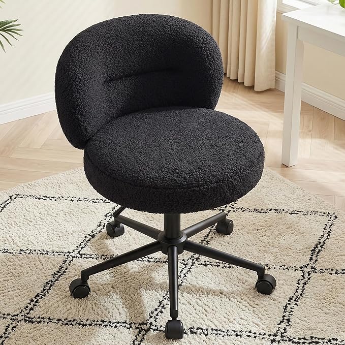 Homkdom Small Round Desk Chair, Armless Vanity Chair with Wheels, Height Adjustable & 360° Swivel, Cute Comfy Vanity Computer Chair for Bedroom, Home Office, Black