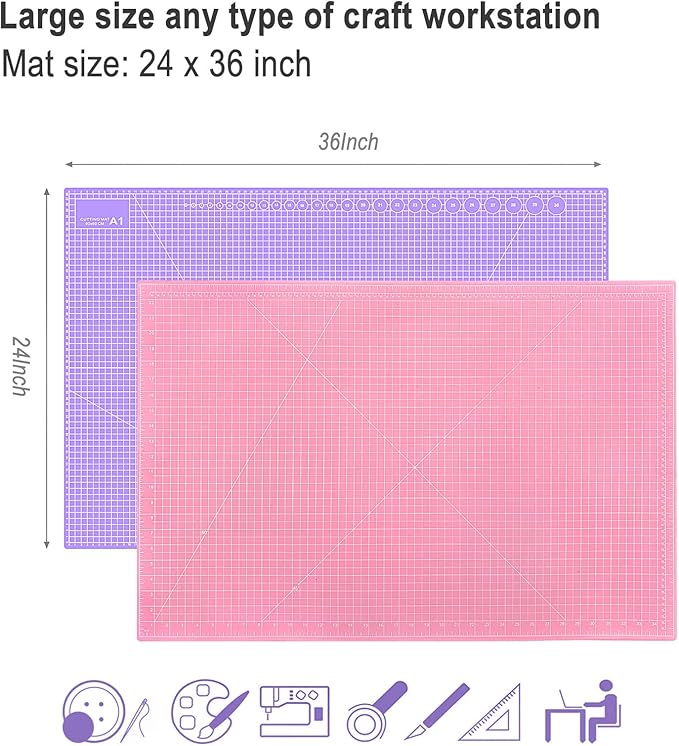 Double Sided Sewing Self Healing Cutting Mat 24 x 36 Inches, A1 Size Craft Sewing Cutting Mat for Crafts and Fabric, Purple & Pink Design