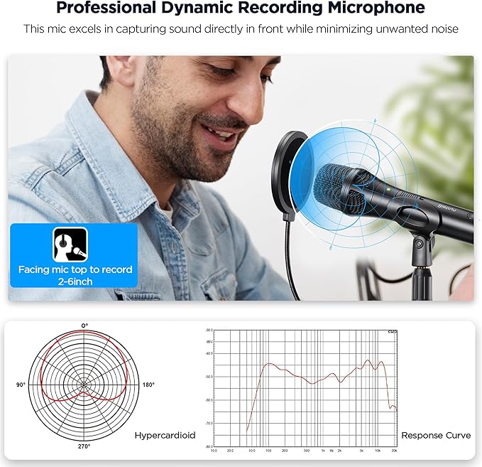 Xlr Usb Dynamic Microphone for Singing Recording, Metal Dynamic Studio Singing Recording Microphone with Mic Gain, Desktop Stand, Pop Filter, Headphone Jack, for PC, Audio Interface, Mixer, Mac