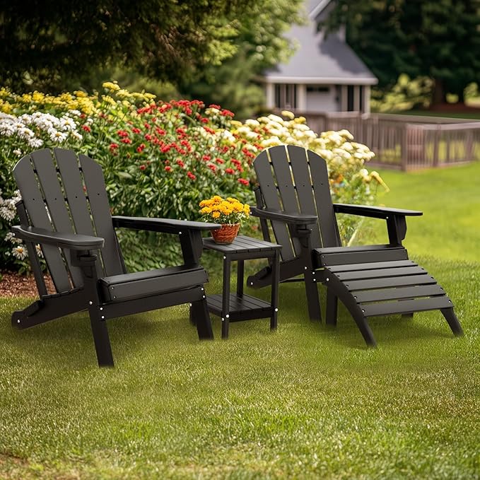 IVY&LANE Outdoor Adirondack Ottoman | Folding | Set of 2 | HDPE | Black | All Weather | Waterproof Patio Footrest for Adirondack Chair | Poly Lumber Foot Rest for Deck Backyard