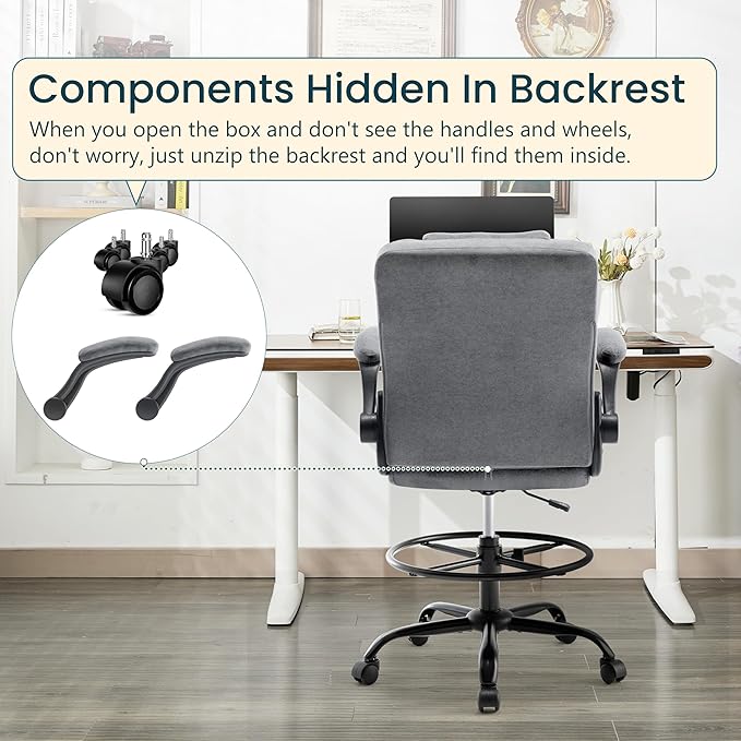 Drafting Chair 500Lbs, Tall Office Chair for Standing Desk, Fabric Executive Office Chair with Flip-up Armrests, Ergonomic High Chair with Adjustable Foot Ring, Comfy Stool Chairs, Grey