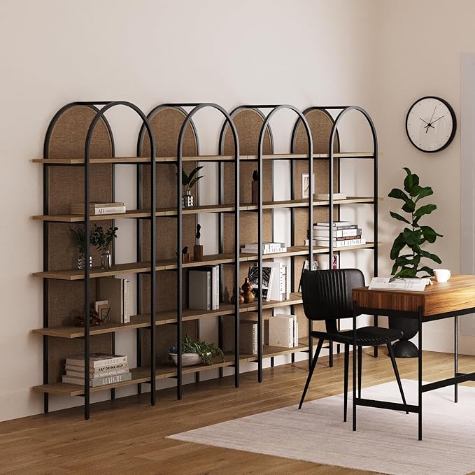 Nathan James Amara Bohemian 5-Shelf Etagere Bookcase, Rattan Open Bookshelf with Arch Top, Light Oak/Matte Black, Set of 4