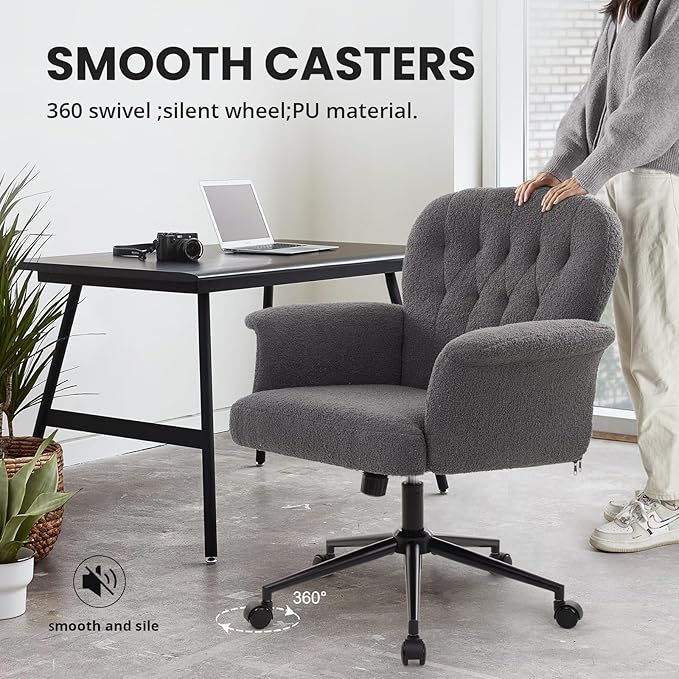 IWMH Home Office Desk Chair, Teddy Fabric Cozy Desk Chair with Wheels and Arms, Modern Upholstered High Back Wide Seat Vanity Chair for Bedroom Living Room Makeup (Dark Grey)