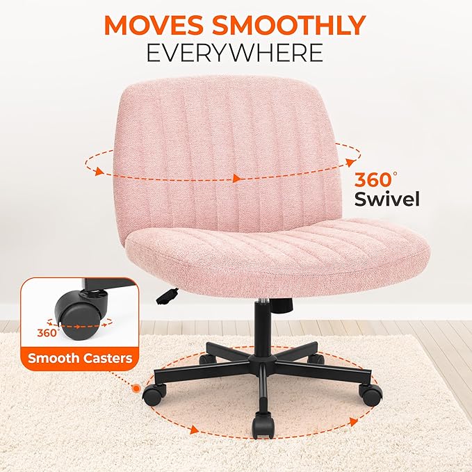 Orange Factory Criss Cross Chair Wheels Wide Cross Legged Office Desk Vanity Chair Comfy Fabric Armless Adjustable Swivel for Home Computer Task (Pink Wheel, Fabric)
