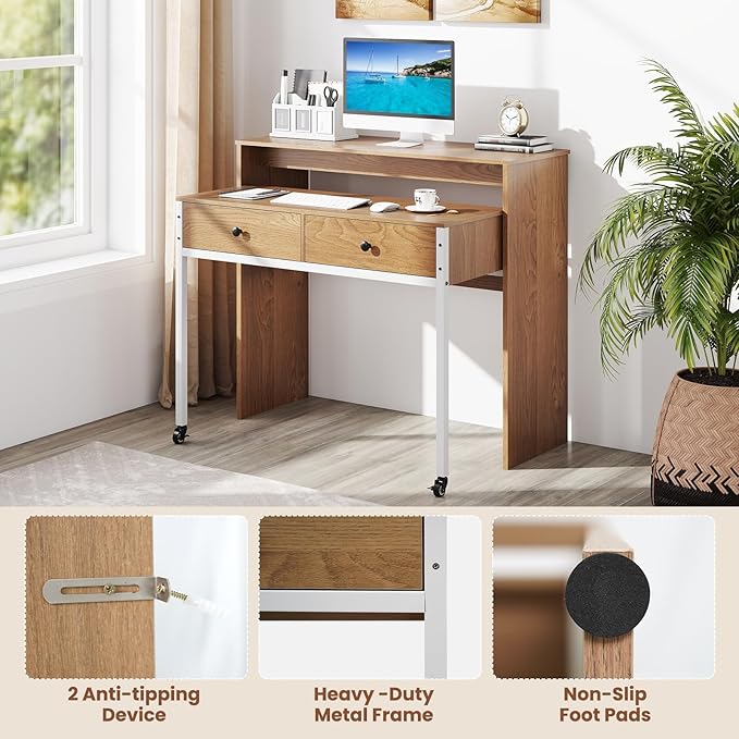 Giantex Small Computer Desk with Hutch & Drawers, Extendable Writing Desk w/Pull Out Secondary Table, Monitor Stand & Rolling Wheels, Console Table, Compact Desk for Small Spaces (Natural)