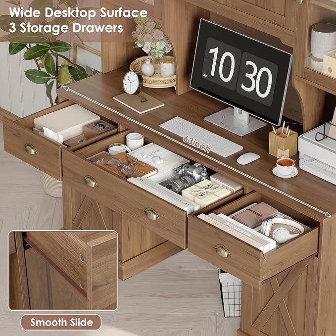 Keyluv 75" Executive Desk with Hutch and Drawers, Computer Desk with Glass Door and Storage Cabinet, 63" W Large Farmhouse Workstation for Home Office Study Writing Gaming Table, Brown