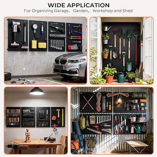 INCLY 4 Pack Peg Board, 12"x24" Upgrade Heavy Duty Metal Pegboard Panels, Black Pegboard Wall Organizer, Peg Board Panels for Walls Home, Garage Tools Storage, Shed, Craft Room, Office, Kitchen