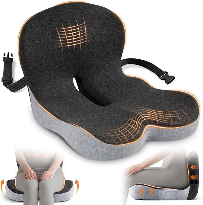 Seat Cushion, Office Chair Cushions for Tailbone Relief, Seat Cushions for Office Chair with L-Shaped Ergonomic Design & Adjustable Strap, Memory Foam Chair Cushion for Long Sitting Worker(Black Gray)