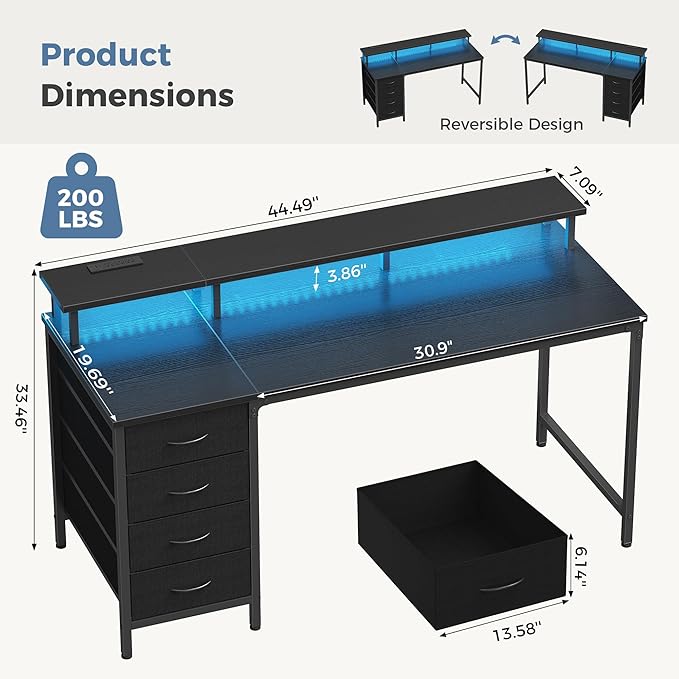DUMOS 47 Inch Computer Desk with 4 Drawers,4 Drawer Gaming Desk with Power Outlets and LED Lights,Office Desk for Small Spaces with Monitor Shelf,Writing Desk for Home Office, Bedroom,Study,Black