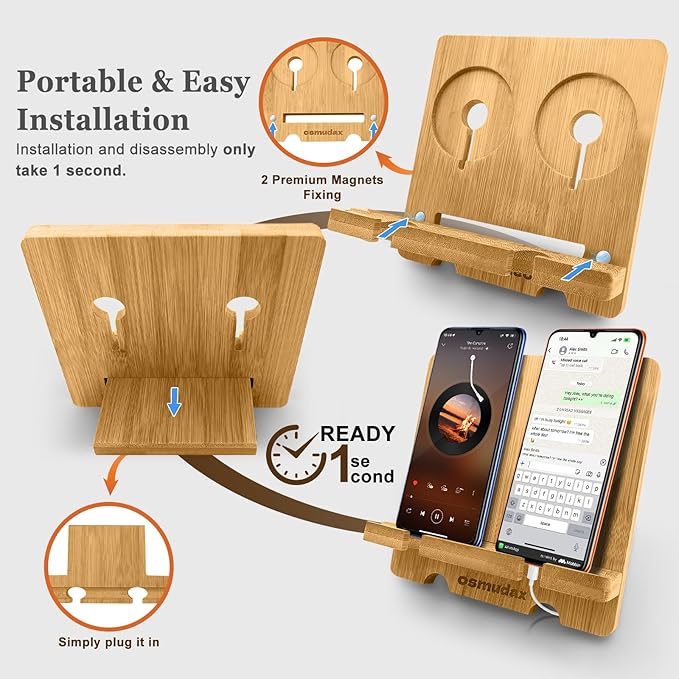 Bamboo Dual Cell Phone Holder for iPhone/iPad, Wood Wireless Charging Station Tablet Holder Nightstand, Double Phone Holder Desktop Stand for iPhone 17/16/15/14/13/12/11 Series and Android