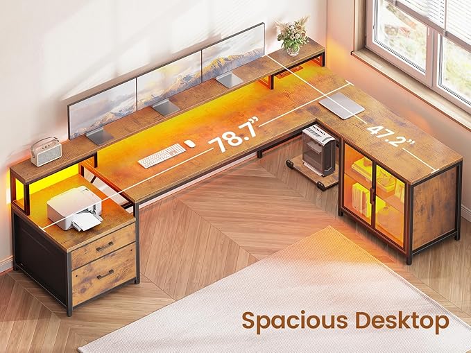 SEDETA 78.7” Large L Shaped Desk with Storage Drawers, Office Desk with File Drawer and Display Cabinet, L Shaped Gaming Desk with Storage, Power Outlet and LED Lights for Home Office, Rustic Brown