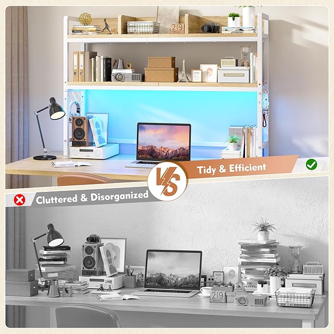 REIBII 45.2" Desk Shelf with LED Lights and Hooks,2-Tier Adjustable Multipurpose Solid Wood Desk Hutch Dorm,Desktop Organizer Rack with 3 Display Rack for Dorm,Office Home,White