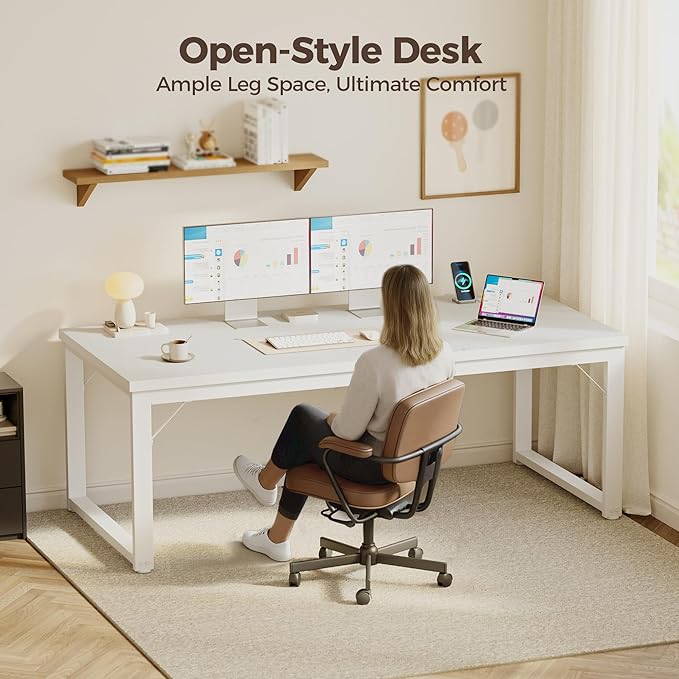 Mericonia 48 Inch Computer Desk with Power Outlets, 1.2" Thick Heavy Duty Industrial Office Desk, Modern Simple Study Writing Table for Home Bedroom Workstation, White