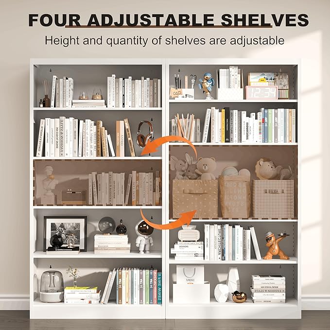 Metal Bookcase and Bookshelf, 66 in Tall Heavy Duty Bookshelf with 4 Adjustable Storage Shelves, Large Deep Bookcase for Home, Library, Office, Bedroom, School, White