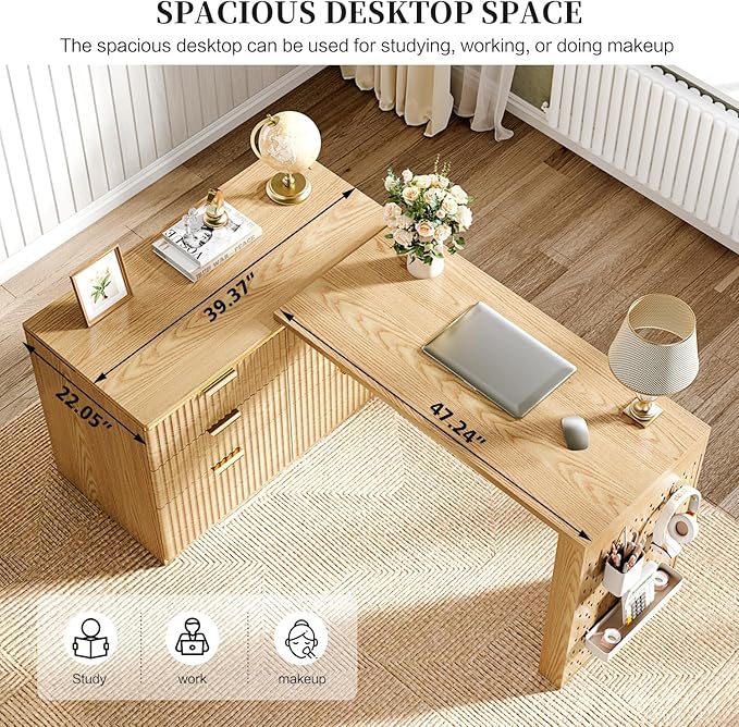 Ieejdn L Shaped Standing Desk,47" Home Office Desks, Executive, Farmhouse Computer Desk with 6 Drawers File Drawer, Rustic Computer Writing, Oak