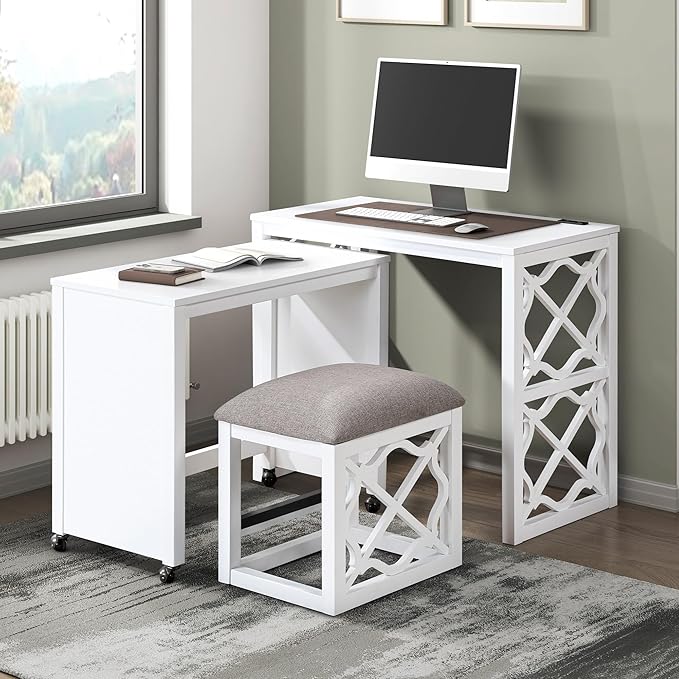 Desks and Stool Set 3pc White Finish Rolling Desk with Casters, 2 Charging Ports Home Office Furniture(White)