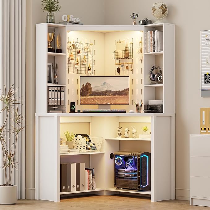 Corner Desk with LED Reading Lights, L Shaped Computer Desk with Hutch & Shelves, Triangle Home Office Desk w/ Charging Station for Work & Study, File Cabinet Storage Bookshelf for Small Space (White)